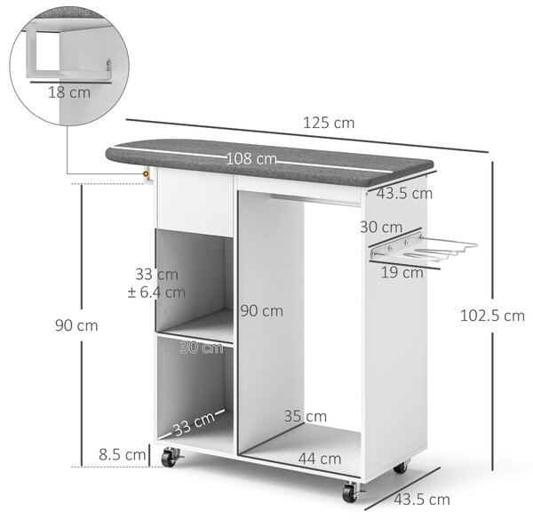 HOMCOM Masă de Călcat cu Suport pentru Fier de Călcat, Suport pentru Haine, Sertar și Raft, 125x43,5x112 cm, Alb | Aosom Romania
