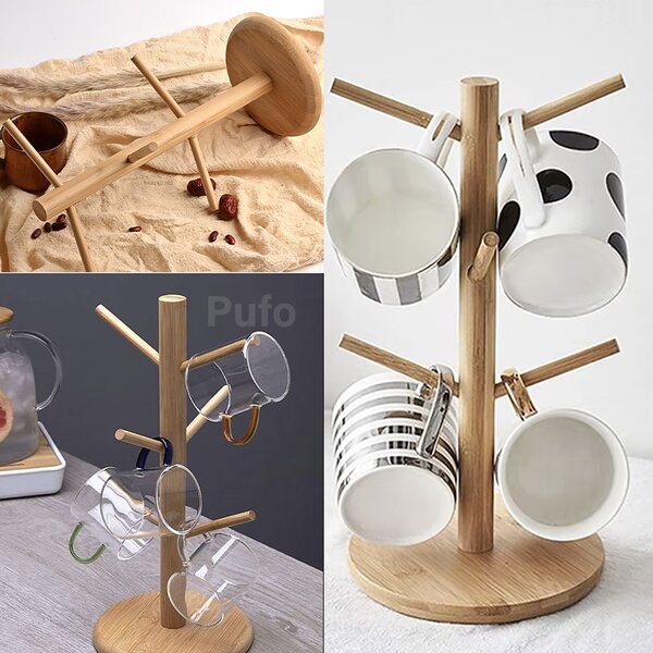 Suport vertical Pufo Bamboo din lemn de bambus pentru cani si cesti, 34 cm