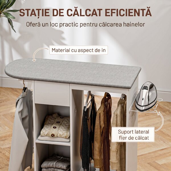 HOMCOM Masă de Călcat cu Suport pentru Fier de Călcat, Suport pentru Haine, Sertar și Raft, 125x43,5x112 cm, Alb | Aosom Romania