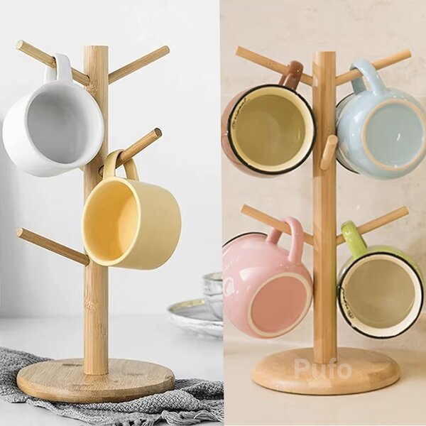 Suport vertical Pufo Bamboo din lemn de bambus pentru cani si cesti, 34 cm