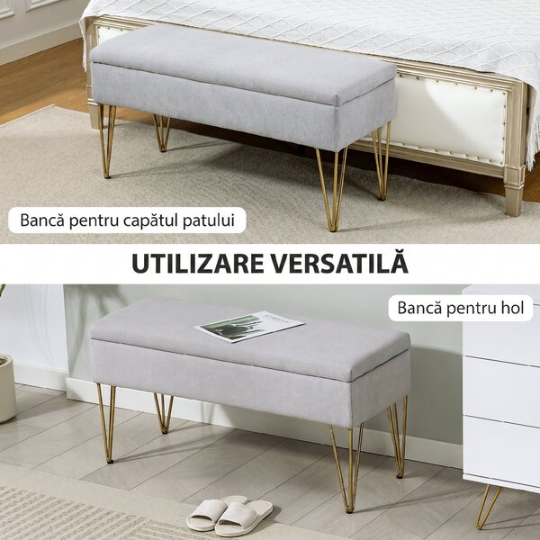 HOMCOM Bancă cu Depozitare din Material Textil și Picioare din Oțel, 100x40x49 cm, Gri Deschis | Aosom Romania