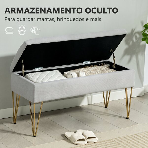 HOMCOM Bancă cu Depozitare din Material Textil și Picioare din Oțel, 100x40x49 cm, Gri Deschis | Aosom Romania