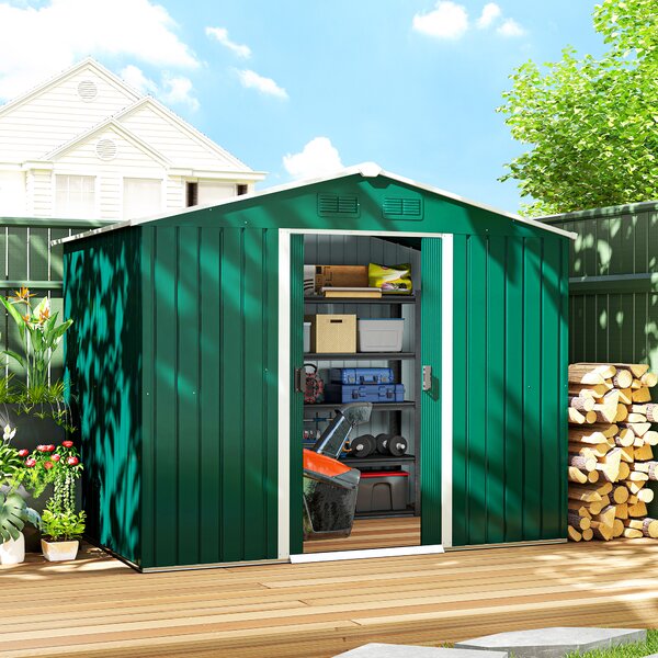Outsunny Magazie de Grădină 3.6m² din Oțel, cu 2 Uși Glisante și 4 Ferestre de Ventilație, 236x174x190 cm, Verde | Aosom Romania