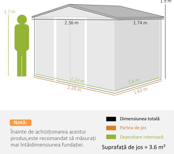 Outsunny Magazie de Grădină 3.6m² din Oțel, cu 2 Uși Glisante și 4 Ferestre de Ventilație, 236x174x190 cm, Verde | Aosom Romania