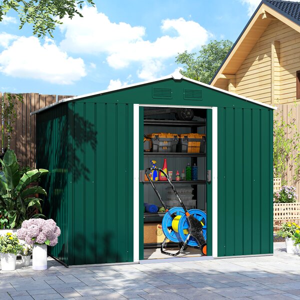 Outsunny Magazie de Grădină 3.6m² din Oțel, cu 2 Uși Glisante și 4 Ferestre de Ventilație, 236x174x190 cm, Verde | Aosom Romania