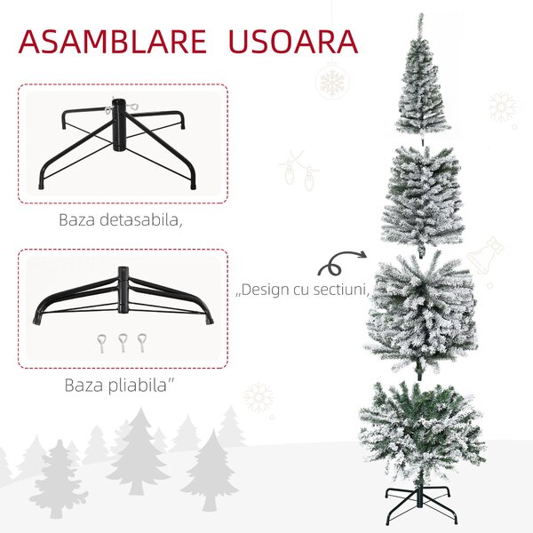 HOMCOM Brad de Crăciun Înzăpezit din PP Verde cu 492 Ramuri Ignifuge și Bază din Oțel Inoxidabil, Ø60x180 cm | Aosom Romania