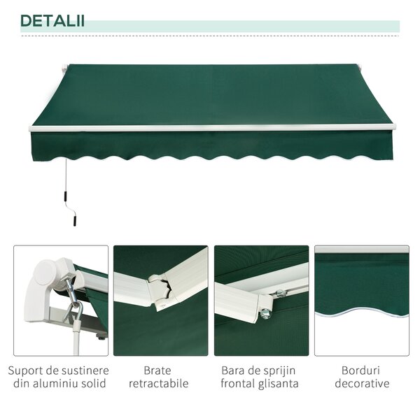 Copertină Retractabilă Manuală Outsunny pentru Verandă, 3x2 m, Verde | Aosom Romania