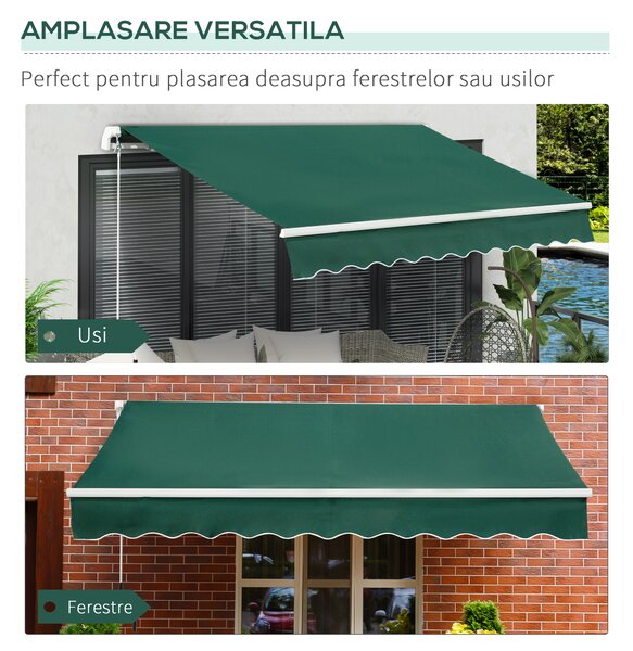 Copertină Retractabilă Manuală Outsunny pentru Verandă, 3x2 m, Verde | Aosom Romania