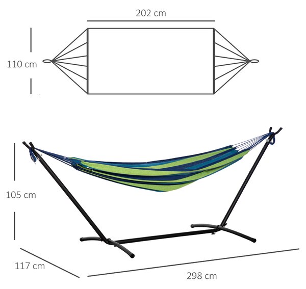 Outsunny Hamac de Grădină Suspendat 310x117 cm cu Înălțime Reglabilă și Suport, Capacitate 120 kg, Hamac Independent cu Geantă de Transport, pentru Camping, Grădină, Balcon, Patio, Verde și Albastru | Aosom Romania