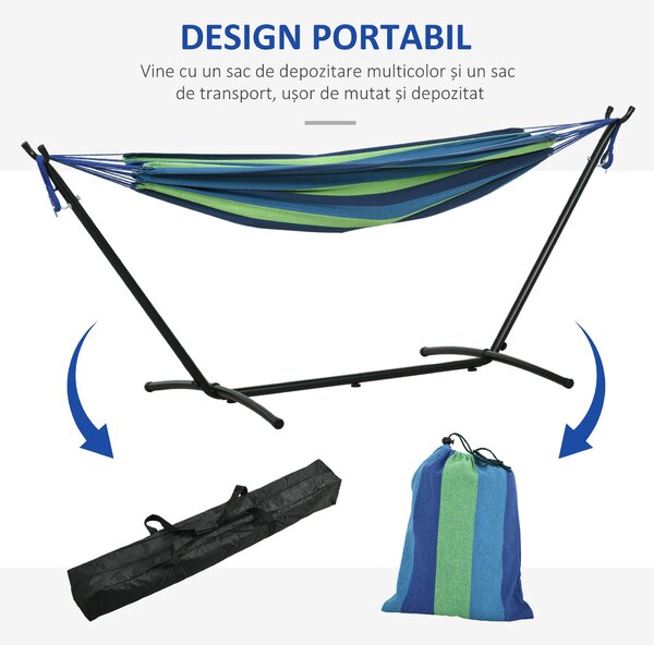 Outsunny Hamac de Grădină Suspendat 310x117 cm cu Înălțime Reglabilă și Suport, Capacitate 120 kg, Hamac Independent cu Geantă de Transport, pentru Camping, Grădină, Balcon, Patio, Verde și Albastru | Aosom Romania