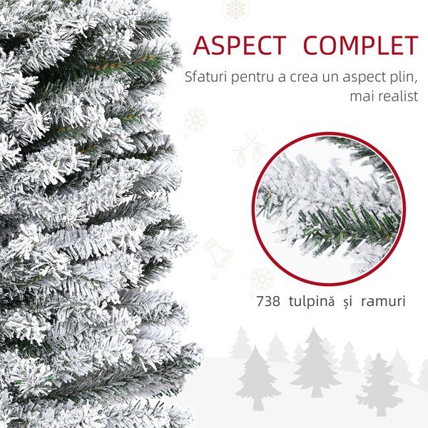 HOMCOM Brad de Crăciun Înzăpezit din PP Verde cu 492 Ramuri Ignifuge și Bază din Oțel Inoxidabil, Ø60x180 cm | Aosom Romania