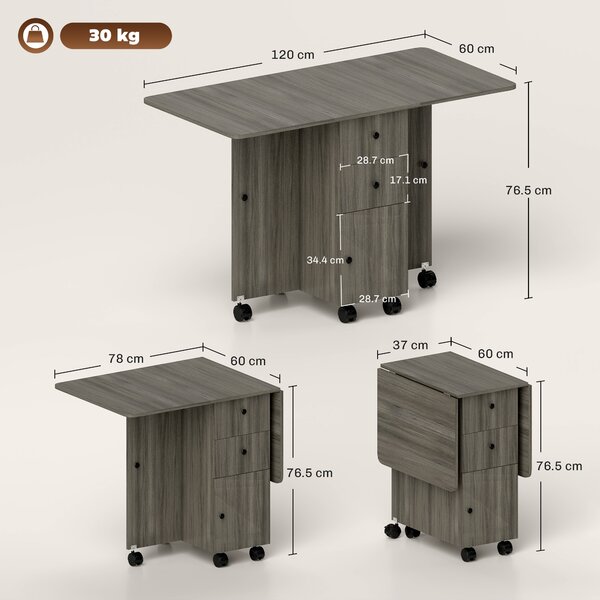 HOMCOM Masă Extensibilă pe 6 Roți cu 2 Sertare și Dulap cu Uși, din Lemn, 120x60x76.5 cm, Gri | Aosom Romania