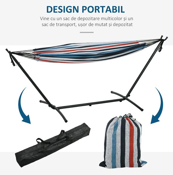 Outsunny Hamac cu Suport 310x117cm pentru Camping cu Înălțime Reglabilă și Geantă de Transport, Capacitate 120 kg, Dungi Albastre și Albe | Aosom Romania