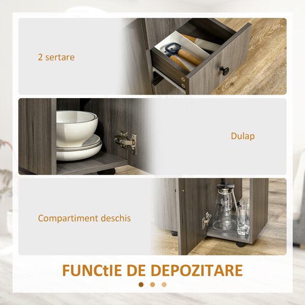 HOMCOM Masă Extensibilă pe 6 Roți cu 2 Sertare și Dulap cu Uși, din Lemn, 120x60x76.5 cm, Gri | Aosom Romania