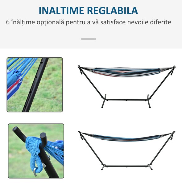 Outsunny Hamac cu Suport 310x117cm pentru Camping cu Înălțime Reglabilă și Geantă de Transport, Capacitate 120 kg, Dungi Albastre și Albe | Aosom Romania