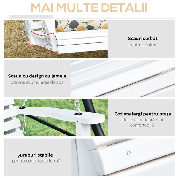 Outsunny Leagăn Suspendat pentru Exterior din Lemn de Brad cu Măsuță Rabatabilă și Suporturi pentru Pahare, Leagăn pentru Grădină sau Terasă cu 2-3 Locuri, Alb | Aosom Romania