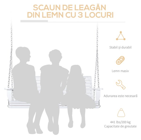 Outsunny Leagăn Suspendat pentru Exterior din Lemn de Brad cu Măsuță Rabatabilă și Suporturi pentru Pahare, Leagăn pentru Grădină sau Terasă cu 2-3 Locuri, Alb | Aosom Romania