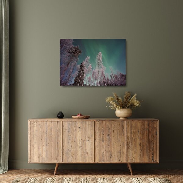 Tablou pe sticlă cu aurora borealis deasupra pomilor înghețați (70x50 cm)