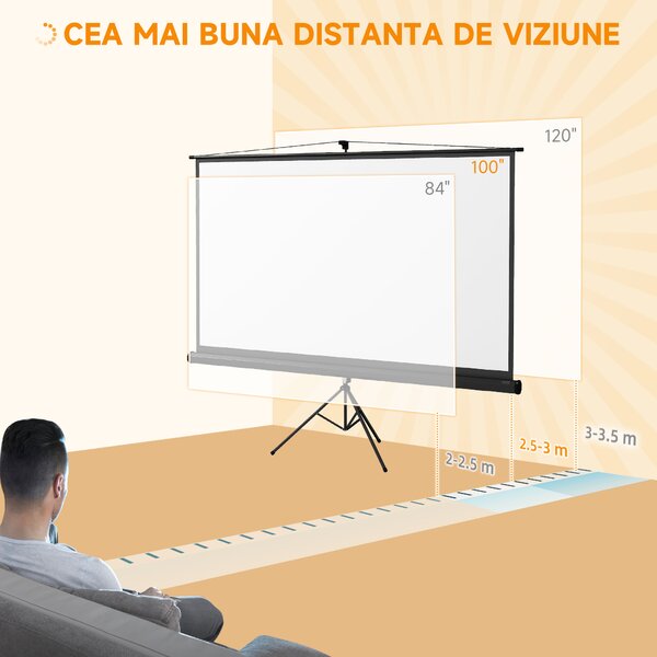 Ecran Proiector HOMCOM Pliabil de 100" Format 16:9 cu Treppied Reglabil, 235.8x8x136 cm, Negru | Aosom Romania
