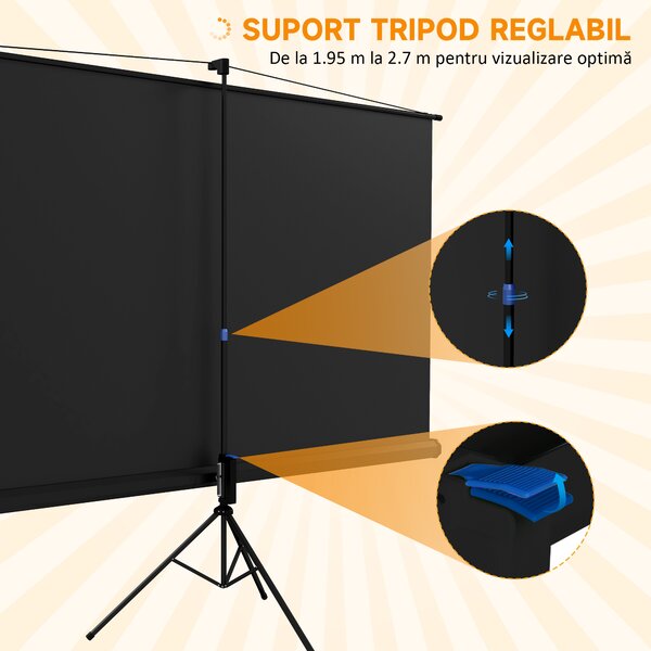 Ecran Proiector HOMCOM Pliabil de 100" Format 16:9 cu Treppied Reglabil, 235.8x8x136 cm, Negru | Aosom Romania