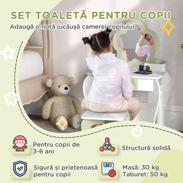 ZONEKIZ Set de toaletă pentru copii cu oglindă de machiaj și scaunel asortat din lemn, sertar și recipiente, alb | Aosom Romania