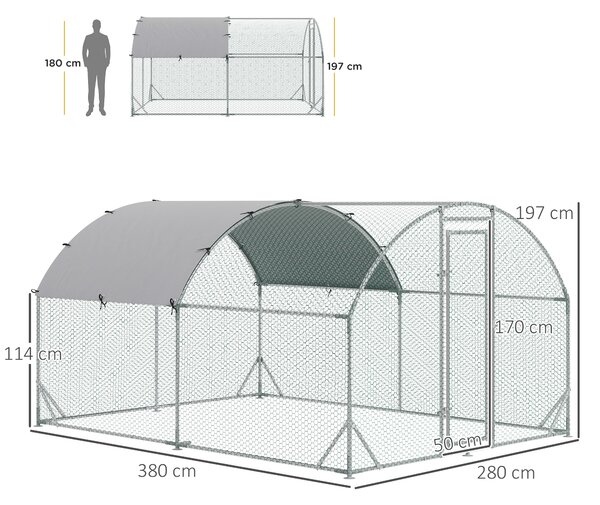 PawHut Coteț pentru Găini de Exterior, 2.8x3.8x2m Recintă din Oțel Zincat cu Acoperiș Impermeabil Anti-UV și Încuietoare, Găini, Iepuri și Rațe | Aosom Romania