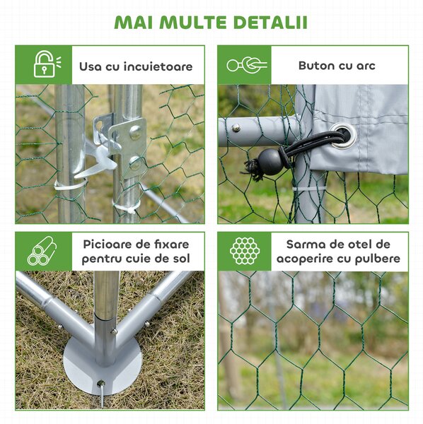PawHut Coteț pentru Găini de Exterior, 2.8x3.8x2m Recintă din Oțel Zincat cu Acoperiș Impermeabil Anti-UV și Încuietoare, Găini, Iepuri și Rațe | Aosom Romania