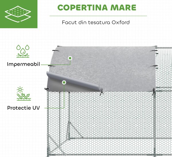 PawHut Coteț pentru Găini de Exterior, 2.8x3.8x2m Recintă din Oțel Zincat cu Acoperiș Impermeabil Anti-UV și Încuietoare, Găini, Iepuri și Rațe | Aosom Romania