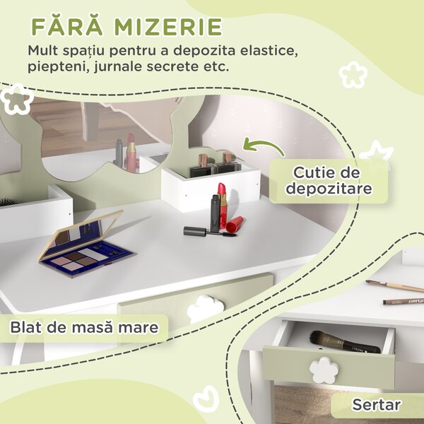 ZONEKIZ Set de toaletă pentru copii cu oglindă de machiaj și scaunel asortat din lemn, sertar și recipiente, alb | Aosom Romania
