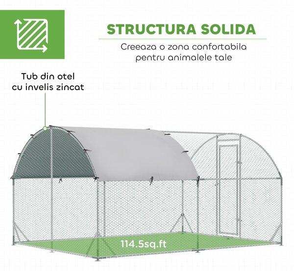 PawHut Coteț pentru Găini de Exterior, 2.8x3.8x2m Recintă din Oțel Zincat cu Acoperiș Impermeabil Anti-UV și Încuietoare, Găini, Iepuri și Rațe | Aosom Romania