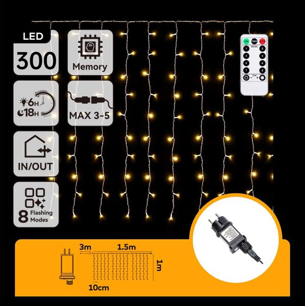 Aigostar - Ghirlandă LED de Crăciun pentru exterior, 300 LED/6W/230V/8 funcții, 3x1 m, IP44, alb cald + telecomandă