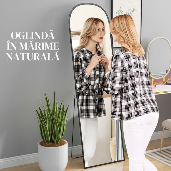 HOMCOM Oglindă de Podea și Perete Modernă din Aliaj de Aluminiu cu Suport Pliabil, 50x170 cm, Neagră | Aosom Romania