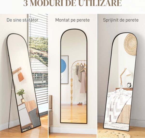 HOMCOM Oglindă de Podea și Perete Modernă din Aliaj de Aluminiu cu Suport Pliabil, 50x170 cm, Neagră | Aosom Romania