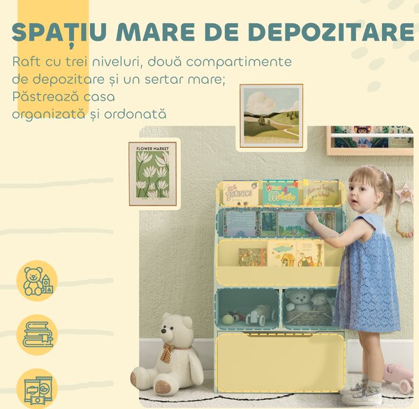 HOMCOM Bibliotecă pentru Copii cu Rafturi și Sertar, Raft Mobil pentru Jucării și Cărți, Dimensiuni 60x29.9x90 cm, Verde Strălucitor | Aosom România
