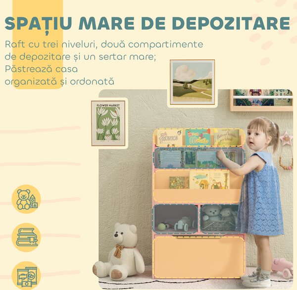 HOMCOM Bibliotecă pentru Copii cu Rafturi, Sertar și Roți, Raft pentru Jucării și Cărți, 60x29.9x90 cm, Roz | Aosom Romania