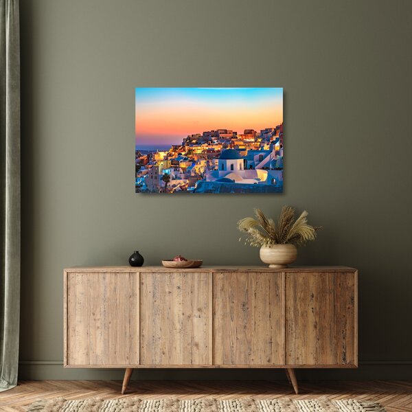 Tablou pe sticlă - Santorini în amurg (70x50 cm)