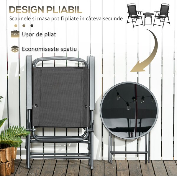 Outsunny Set de Exterior din 3 Piese cu Masă cu Blat din Sticlă și 2 Scaune Pliabile din Plasă, Ф45x50 cm, Gri Deschis | Aosom Romania