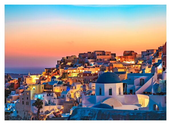 Tablou pe sticlă - Santorini în amurg (70x50 cm)
