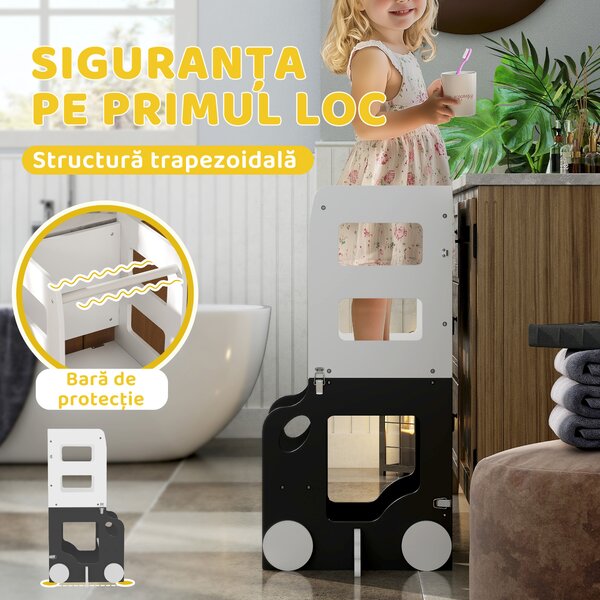 AIYAPLAY Scara Montessori 4 în 1 pentru Copii cu 2 Table și Set Masă și Scaun, din Lemn, 58x46x92 cm, Alb | Aosom Romania