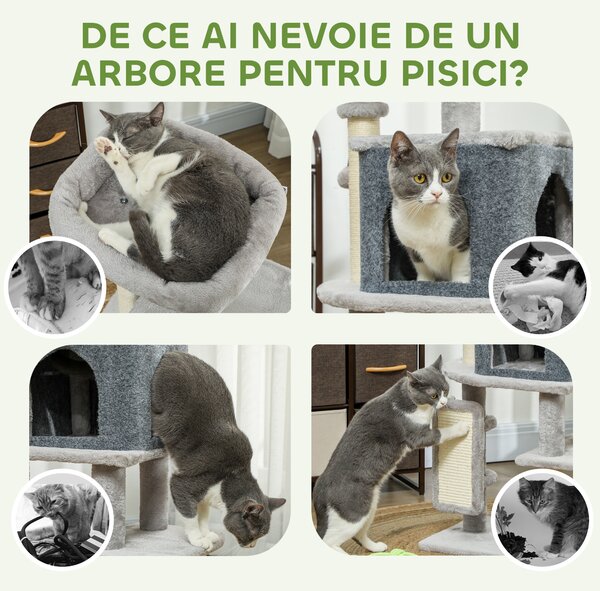 PawHut Arbore Multinivel Înalt pentru Pisici 104 cm cu Căsuță, Culcuș, Stâlpi de Zgâriat, Perie și Bilă, Gri | Aosom Romania