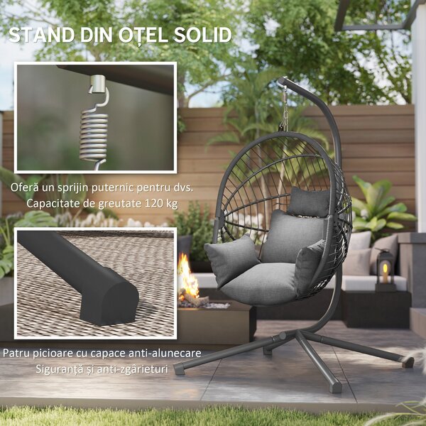 Outsunny Scaun Suspendat Ou, Inclusiv Pernă, Fotoliu, 120 cm x 106 cm x 188 cm, Gri | Aosom Romania