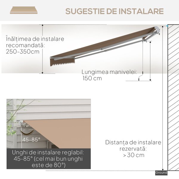 Outsunny Copertină Pliabilă pentru Exterior, Copertină Tip Roll-Up cu Deschidere Manivelă, 350x250 cm, Galben | Aosom Romania