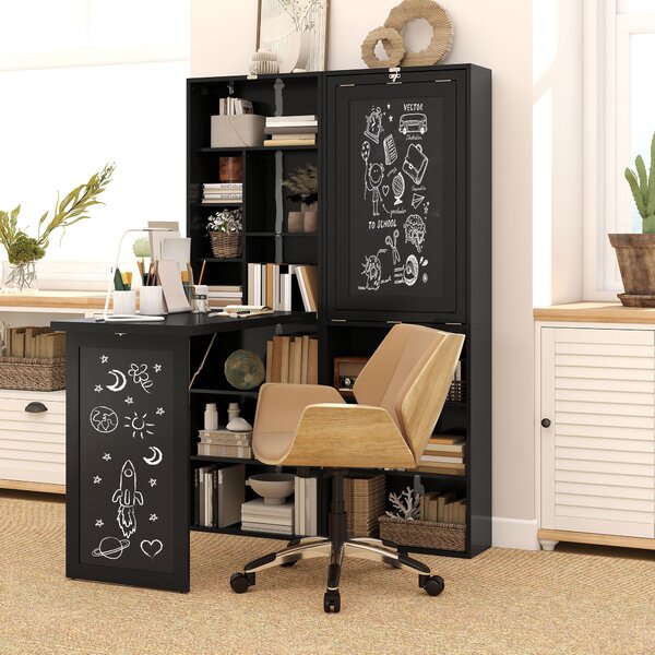 HOMCOM Birou Modern Pliabil cu Bibliotecă și Tablă, din Lemn și Metal, 98x51x153 cm, Negru | Aosom Romania