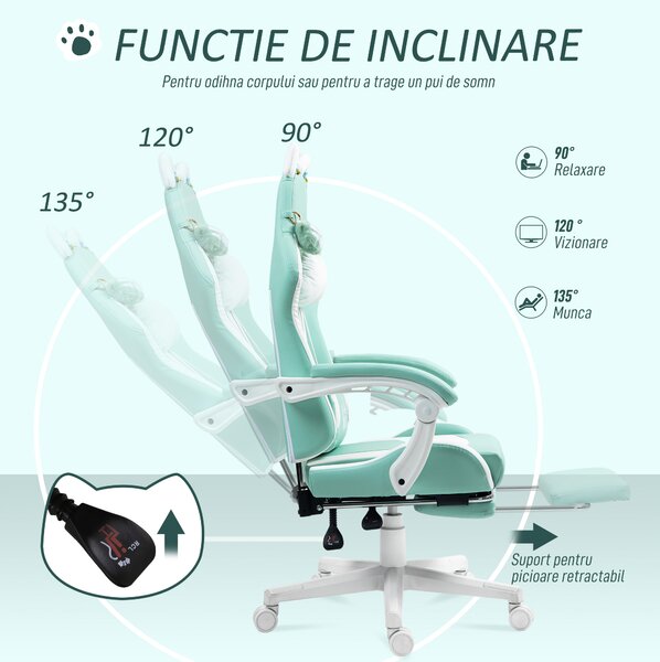 Scaun de Gaming Reclinabil HOMCOM cu Suport pentru Picioare și Perne, din Piele Artificială și Spumă, 65x62x116-124 cm, Albastru și Alb | Aosom Romania