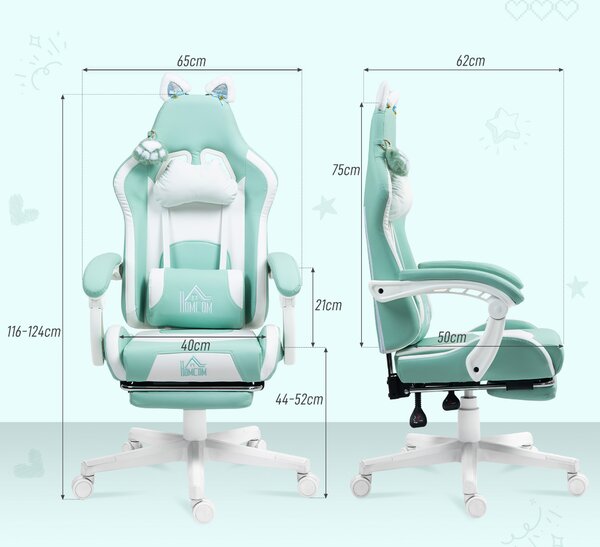 Scaun de Gaming Reclinabil HOMCOM cu Suport pentru Picioare și Perne, din Piele Artificială și Spumă, 65x62x116-124 cm, Albastru și Alb | Aosom Romania