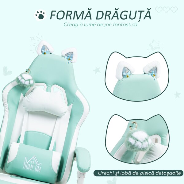 Scaun de Gaming Reclinabil HOMCOM cu Suport pentru Picioare și Perne, din Piele Artificială și Spumă, 65x62x116-124 cm, Albastru și Alb | Aosom Romania