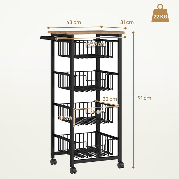 HOMCOM Cărucior de Bucătărie cu 4 Coșuri Detașabile, Roți și Frâne, Oțel și Lemn, 49.5x31x91 cm, Stejar | Aosom Romania