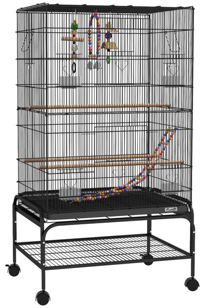 PawHut Colivie pentru Păsări 110 cm, Volieră pentru Perusi, Nimfe, Canari, Agapornis, Cinteze cu Roți, 4 Recipiente, Jucării, Tavă Detașabilă, Raft, Negru | Aosom Romania