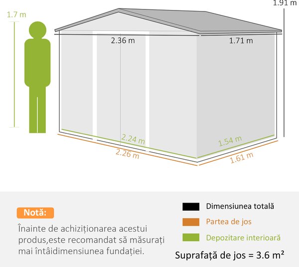 Outsunny Casută de Grădină, Magazie de Exterior pentru Unelte cu 2 Uși Culisante și 4 Prize de Aerisire, 236x174x190 cm, Gri | Aosom Romania