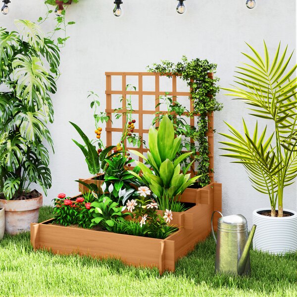 Outsunny Jardinieră cu 3 Niveluri și Grilaj pentru Plante Cățărătoare, Straturi Ridicate din Lemn, 95x95x110cm, Natural | Aosom Romania